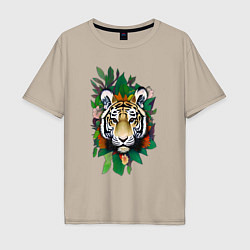 Футболка оверсайз мужская Голова Тигра среди листьев и цветов, Тигр символ 2, цвет: миндальный