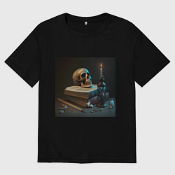 Футболка оверсайз мужская Уроки вечности - череп на книгах, цвет: черный