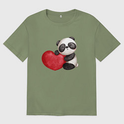 Футболка оверсайз мужская Панда с красным сердцем, цвет: авокадо