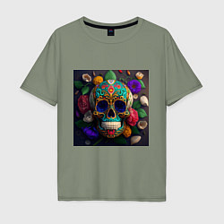 Футболка оверсайз мужская Разноцветные черепа, цвет: авокадо