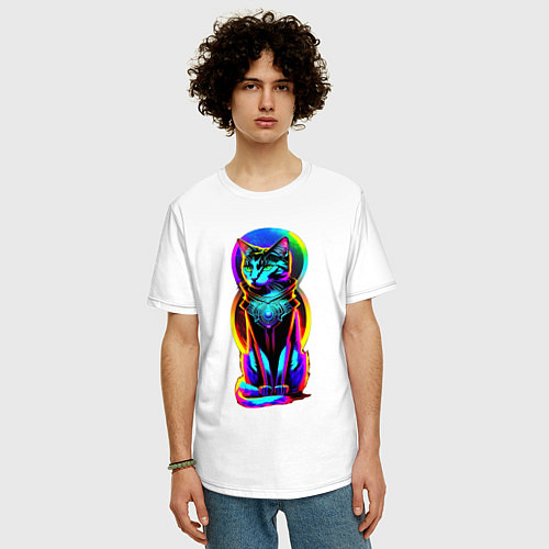 Мужская футболка оверсайз Кот в стиле киберпанк / Белый – фото 3