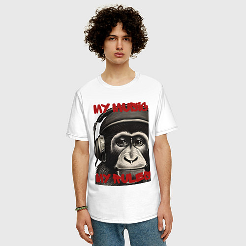 Мужская футболка оверсайз Обезьяна слушает музыку / Белый – фото 3