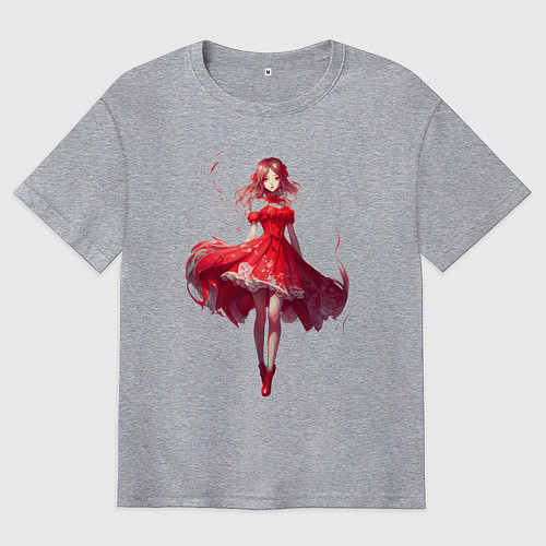 Мужская футболка оверсайз Аниме девушка в красном платье / Меланж – фото 1