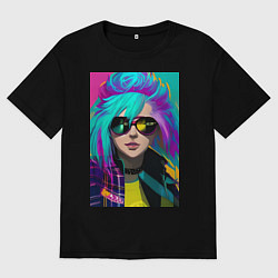 Футболка оверсайз мужская Стильная девушка киберпанк, цвет: черный