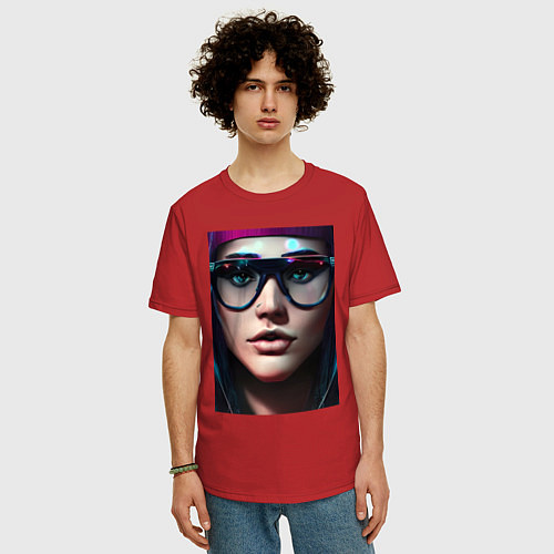 Мужская футболка оверсайз Девушка в стиле киберпанк / Красный – фото 3
