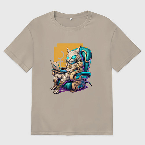Мужская футболка оверсайз Кот геймер в кресле / Миндальный – фото 1
