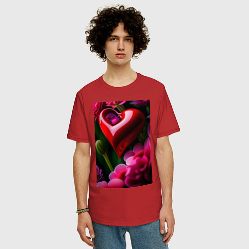 Мужская футболка оверсайз Сердце с цветами / Красный – фото 3