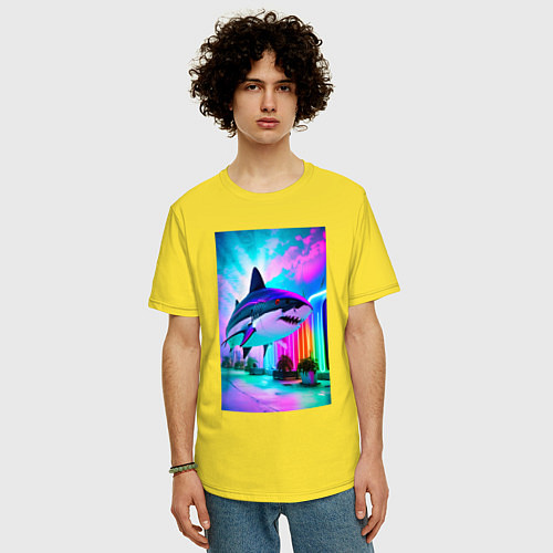 Мужская футболка оверсайз Неоновая акула - нейросеть / Желтый – фото 3