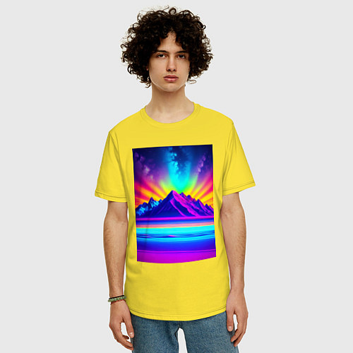 Мужская футболка оверсайз Неоновые горы - нейросеть / Желтый – фото 3