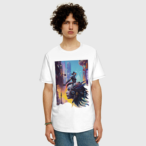 Мужская футболка оверсайз Cyberpunk - fantasy / Белый – фото 3