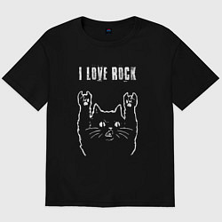 Футболка оверсайз мужская I love rock рок кот, цвет: черный
