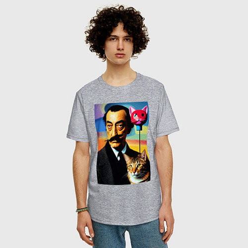 Мужская футболка оверсайз Salvador Dali and cat / Меланж – фото 3
