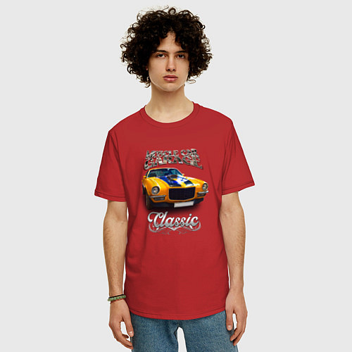 Мужская футболка оверсайз Американский маслкар Chevrolet Camaro / Красный – фото 3