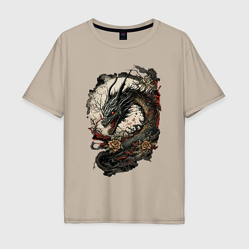 Мужская футболка оверсайз Мифический японский дракон / Миндальный – фото 1