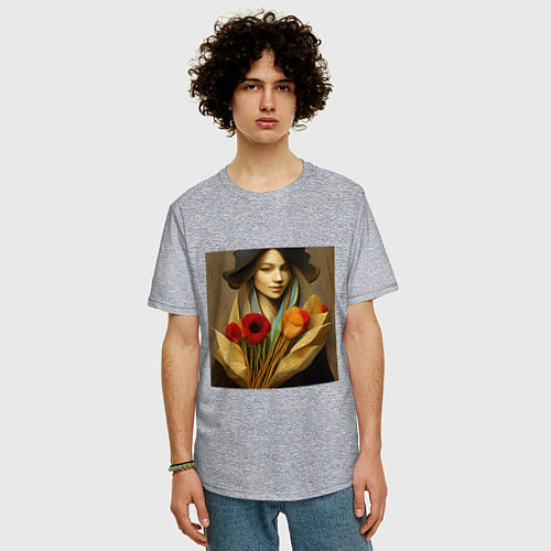 Мужская футболка оверсайз Девушка с цветами в стиле экспрессионизм, дизайн 1 / Меланж – фото 3