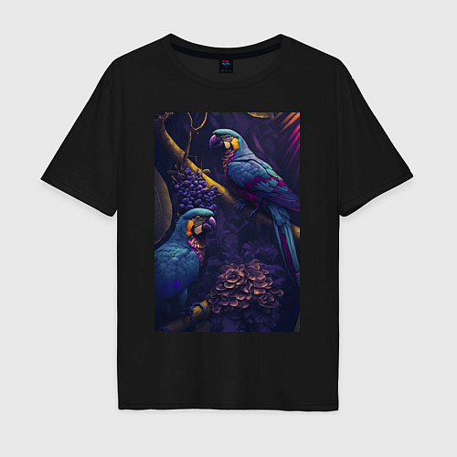 Мужская футболка оверсайз Разноцветные попугаи / Черный – фото 1