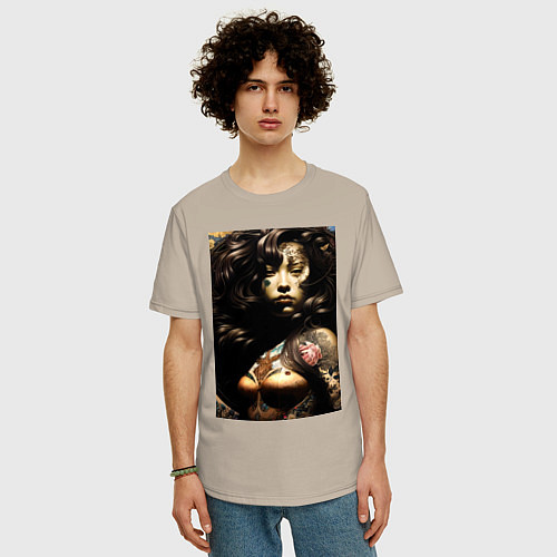 Мужская футболка оверсайз Кореянка - нейросеть / Миндальный – фото 3