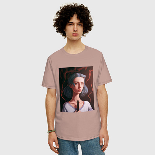 Мужская футболка оверсайз Девушка с голубыми волосами / Пыльно-розовый – фото 3