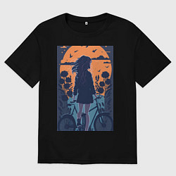 Футболка оверсайз мужская Милая девушка с велосипедом с цветком, цвет: черный