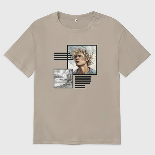 Мужская футболка оверсайз Растрепанный парень и скала / Миндальный – фото 1
