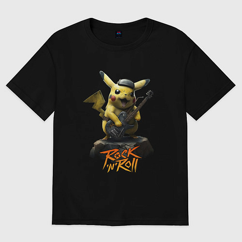 Мужская футболка оверсайз Пикачу рокер с гитарой / Черный – фото 1