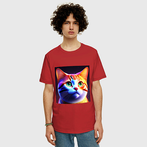 Мужская футболка оверсайз Милый котик с большими глазами / Красный – фото 3