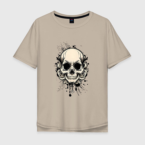 Мужская футболка оверсайз Винтажный череп с каплями краски / Миндальный – фото 1