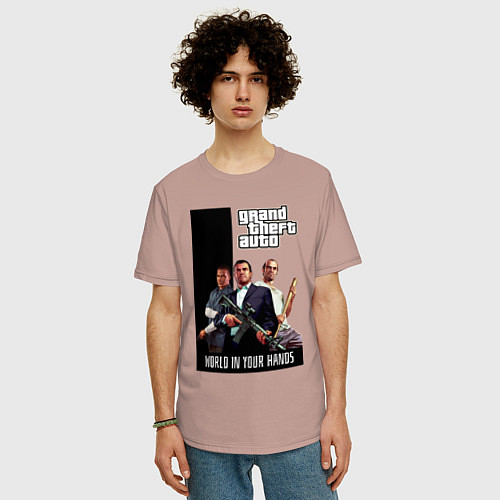 Мужская футболка оверсайз Майкл, Франклин, Тревор из GTA / Пыльно-розовый – фото 3