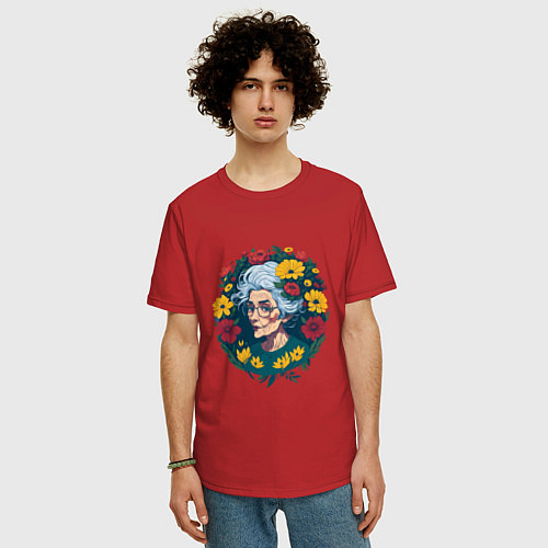 Мужская футболка оверсайз Модная бабушка в цветах / Красный – фото 3