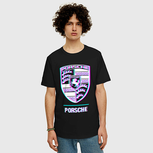 Мужская футболка оверсайз Значок Porsche в стиле glitch / Черный – фото 3