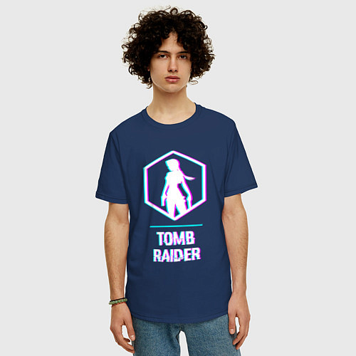 Мужская футболка оверсайз Tomb Raider в стиле glitch и баги графики / Тёмно-синий – фото 3