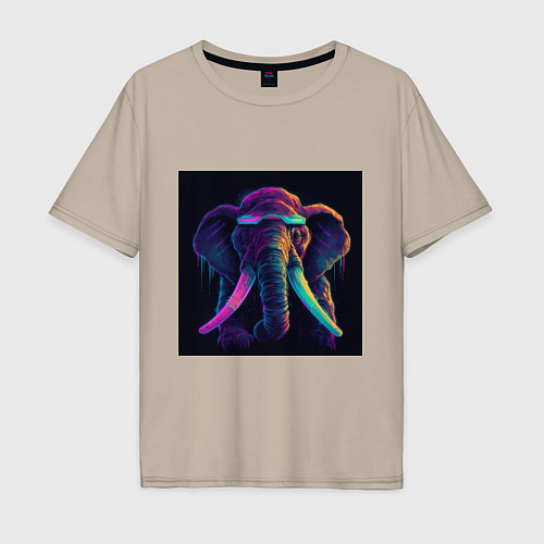 Мужская футболка оверсайз Кибер-слон в неоновом свете / Миндальный – фото 1