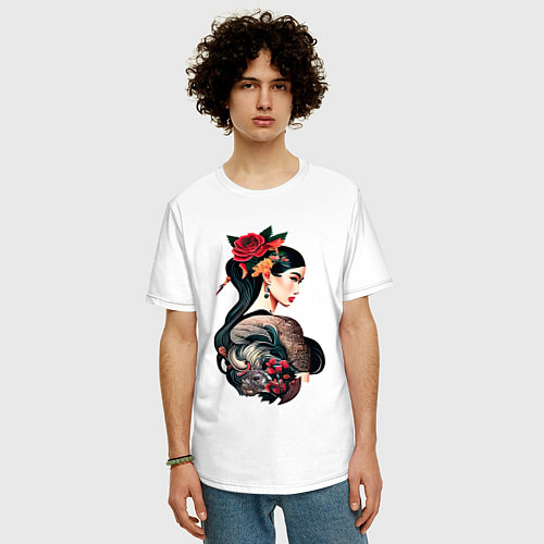 Мужская футболка оверсайз Irezumi tattoo стиль девушка лотос / Белый – фото 3