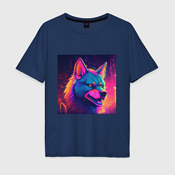 Футболка оверсайз мужская Волк в неоновом свете, цвет: тёмно-синий