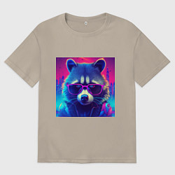 Футболка оверсайз мужская Енот в очках и куртке на фоне неонового киберпанк-, цвет: миндальный