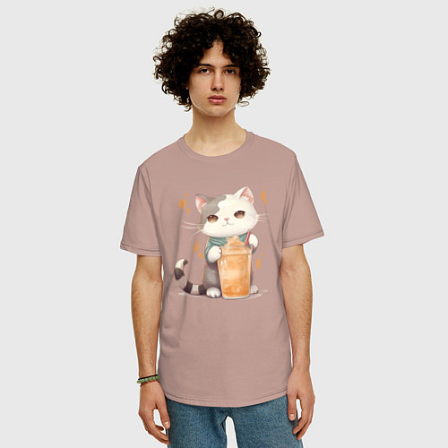 Мужская футболка оверсайз Кот с латте / Пыльно-розовый – фото 3