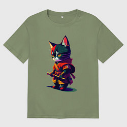 Футболка оверсайз мужская Котёнок самурай - нейросеть, цвет: авокадо