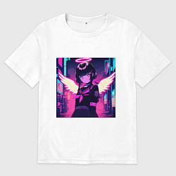 Футболка оверсайз мужская Милая аниме девушка-ангел с темными волосами, цвет: белый