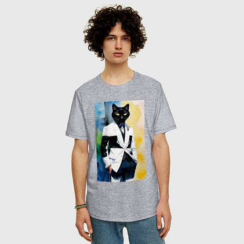 Мужская футболка оверсайз Модный чёрный кот-джентльмен - мем / Меланж – фото 3