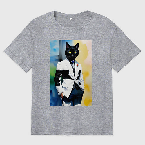 Мужская футболка оверсайз Модный чёрный кот-джентльмен - мем / Меланж – фото 1