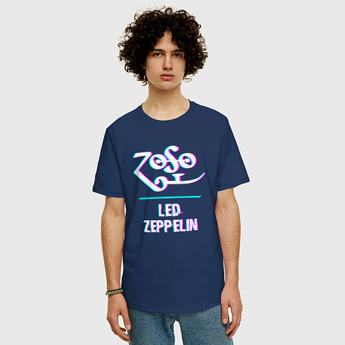Мужская футболка оверсайз Led Zeppelin glitch rock / Тёмно-синий – фото 3