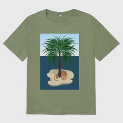 Футболка оверсайз мужская Кот под пальмой на острове, цвет: авокадо