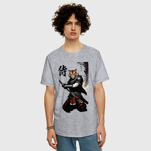 Мужская футболка оверсайз Тигр самурай - иероглиф / Меланж – фото 3
