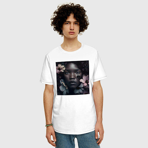 Мужская футболка оверсайз Девушка в чёрных матовых цветах - нейросеть / Белый – фото 3