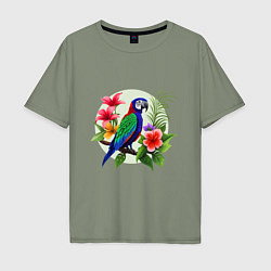 Футболка оверсайз мужская Попугай среди цветов, цвет: авокадо