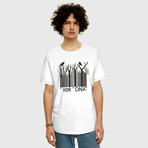 Мужская футболка оверсайз Прикольный штрих-код из ветвей с воронами на ветка / Белый – фото 3