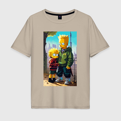 Мужская футболка оверсайз Барт Симпсон с Мэгги в мегаполисе / Миндальный – фото 1