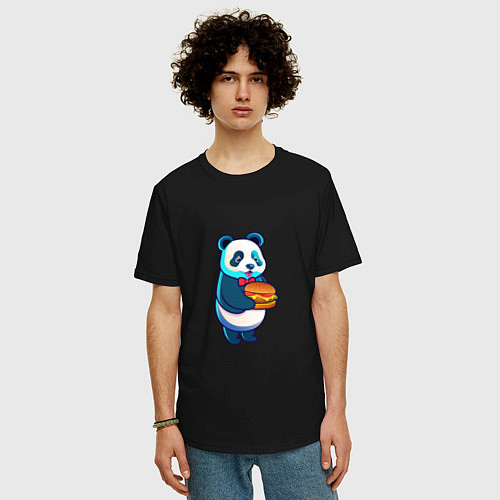 Мужская футболка оверсайз Милая панда с чизбургером / Черный – фото 3