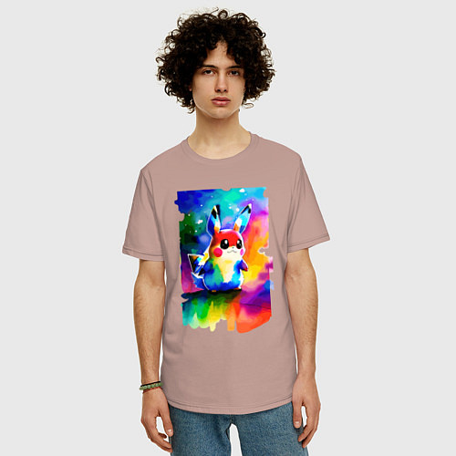 Мужская футболка оверсайз Акварельный Пикачу - поп-арт / Пыльно-розовый – фото 3