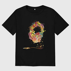 Футболка оверсайз мужская Наушники проводные, цвет: черный